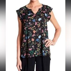 PLEIONE Black Floral Cap Sleeve Blouse Size Small